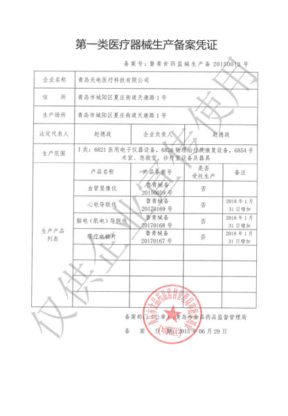 一类医疗器械生产备案凭证